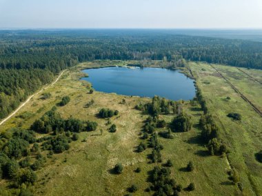drone görüntü. alanları ve Orman Gölü ile kırsal alan hava görünümünü. güneşli bir günde Letonya