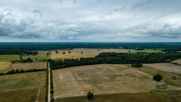 drone görüntü. kırsal alan alanları ve ormanlar dramatik fırtına bulutları oluşturan altında hava görünümünü. yaz günü Letonya