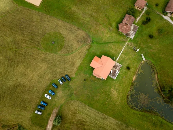 Drone Bild Flygfoto Över Landsbygden Med Fält Och Skogar Camping — Stockfoto