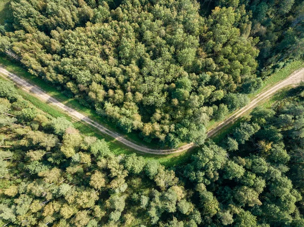Drone Bild Flygfoto Över Landsbygdens Grusväg Grön Skog Och Träd — Stockfoto