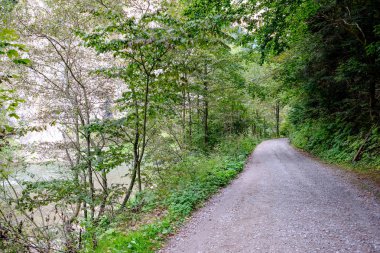 Yaz aylarında köy çakıl yol olarak kırsal orman ağaçları saran ve bulutlar gökyüzünde