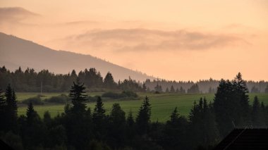 Batı Karpat Dağları'nda sisli orman manzarasına. Sisli gün batımı, Tatra uzak ufuk. Erken sonbahar Slovakya'da