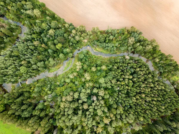 Изображение Дрона Воздушный Вид Сельскую Местность Полями Лесами Змеиной Рекой — стоковое фото