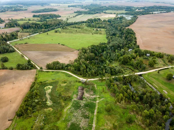 drone image. aerial view of rural area with fields and forests in cloudy spring day. latvia