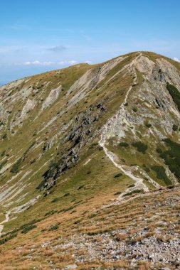 Hiking trail dağın zirvesinde. Tatra, Slovakya. Temiz hava ile erken sonbahar renkleri Batı Karpat Dağları. Turist izle