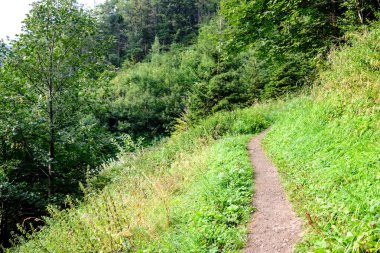 Slovakya'daki tatra Dağları'nda yürüyüş iz. önce biraz bulutlu sonbahar, açık gökyüzü yaz görünümünde mounatin