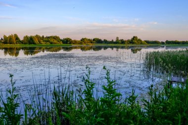 ağaçlar ve ev kıyısında dramatik renkli gökyüzü gün batımında çevrili gölet ile kırsal manzara 