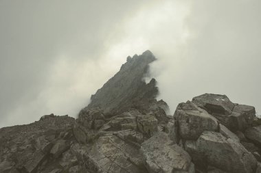 Slovakya'daki Tatra Dağları Rocky keskin dağ başında bulutlar ve sis