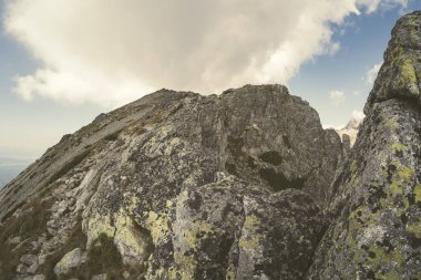 Slovakya'daki Tatra Dağları Rocky keskin dağ başında bulutlar ve sis