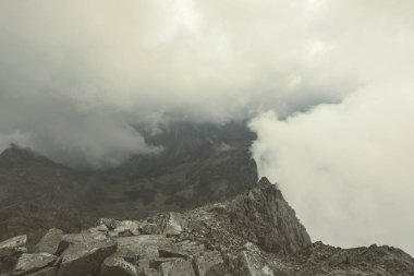 Slovakya'daki Tatra Dağları Rocky keskin dağ başında bulutlar ve sis