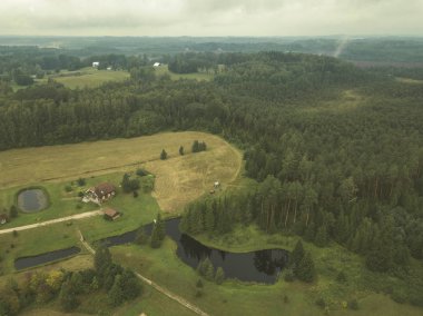 Kırsal alanın alanları ve ormanlar dramatik fırtına bulutları oluşturan altında havadan görünümü