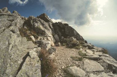 Slovakya'daki Tatra Dağları Rocky keskin dağ başında bulutlar ve sis