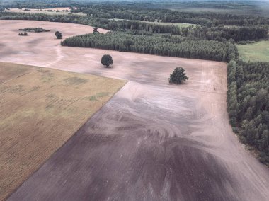 Kırsal alanın alanları ve ormanlar dramatik fırtına bulutları oluşturan altında havadan görünümü