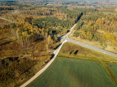 trafik Kavşağı'nda ağaçlarından uzun gölgeler ile sonbahar kırsal havadan görünümü 