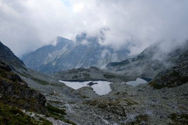 Rysy en yüksek dağ sis kaplı. Sonbahar yokuş üzerinde kayalık yürüyüş parkurları. Slovakya ve Polonya sınırı