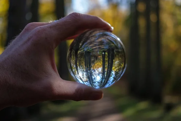 Lensball Autunno Che Riflette Natura Intorno Esso Caduta Colori Tenere — Foto Stock