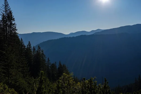 Mistige Zonsopgang Slowaakse Tatragebergte Met Lichte Rijstroken Mist Het Donkere — Stockfoto