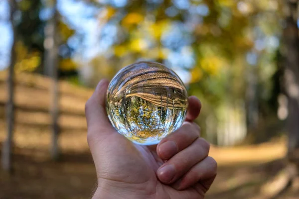 lensball in autumn reflecting nature around it. fall colors hold in human hand