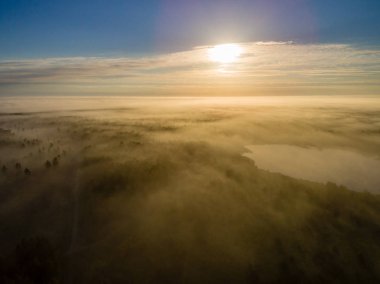 drone görüntü. alanları ve ormanları ve bulutlu bahar günü nehir su yansımalar kırsal alan hava görünümünü. Letonya