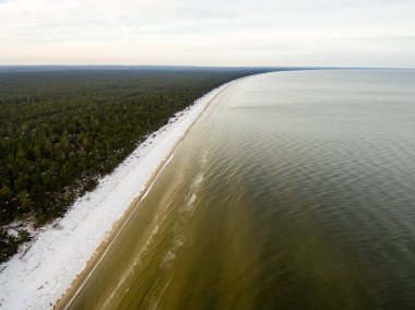drone görüntü. alanları ve bulutlu kış günü ormanlarda kırsal alan hava görünümünü. Letonya