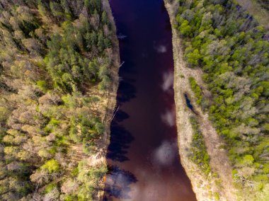 drone görüntü. alanları ve ormanları ve bulutlu bahar günü nehir su yansımalar kırsal alan hava görünümünü. Letonya