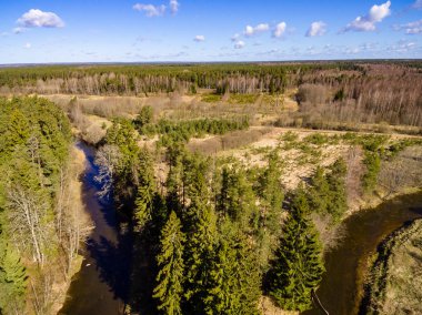 drone görüntü. alanları ve ormanları ve bulutlu bahar günü nehir su yansımalar kırsal alan hava görünümünü. Letonya