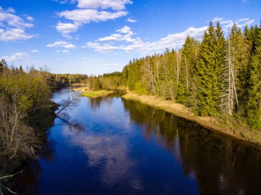 drone görüntü. alanları ve ormanları ve bulutlu bahar günü nehir su yansımalar kırsal alan hava görünümünü. Letonya