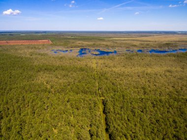 drone görüntü. alanları ve ormanları ve bulutlu bahar günü nehir su yansımalar kırsal alan hava görünümünü. Letonya
