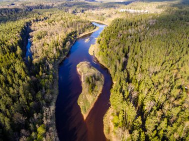 drone görüntü. alanları ve ormanları ve bulutlu bahar günü nehir su yansımalar kırsal alan hava görünümünü. Letonya