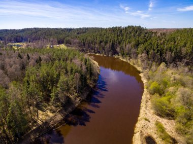 drone görüntü. alanları ve ormanları ve bulutlu bahar günü nehir su yansımalar kırsal alan hava görünümünü. Letonya