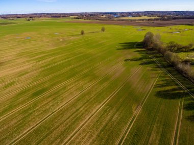drone görüntü. alanları ve ormanları ve bulutlu bahar günü nehir su yansımalar kırsal alan hava görünümünü. Letonya