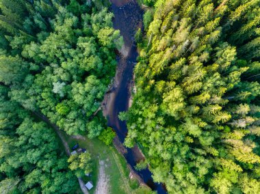 drone görüntü. alanları ve ormanları ve bulutlu bahar günü nehir su yansımalar kırsal alan hava görünümünü. Letonya