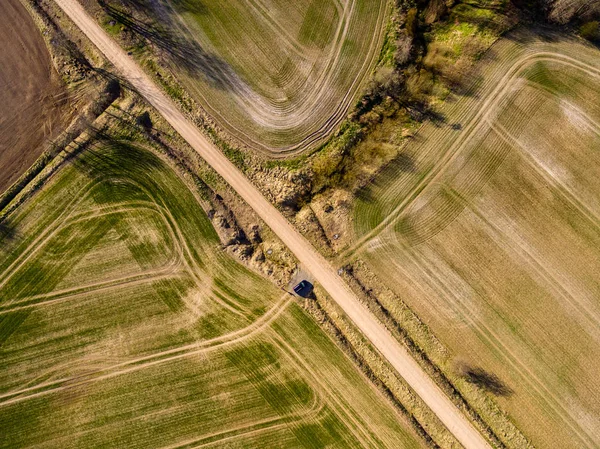 Imagem Drone Vista Aérea Área Rural Com Campos Florestas Reflexões — Fotografia de Stock