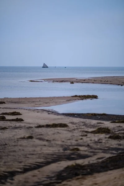 Lege Zandstrand Het Najaar Met Mist Koele Tonen — Stockfoto