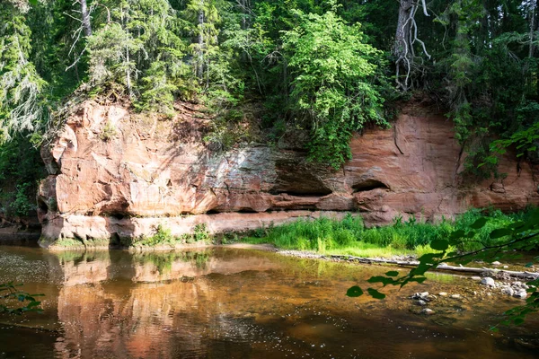 Rotsachtige Stroom Van Rivier Diep Bos Groene Zomerweer Met Zandstenen — Stockfoto