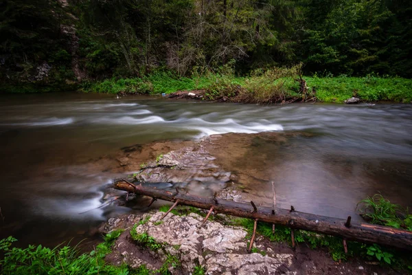 Longue Exposition Rivière Montagne Rocheuse Été Avec Niveau Eau Élevé — Photo