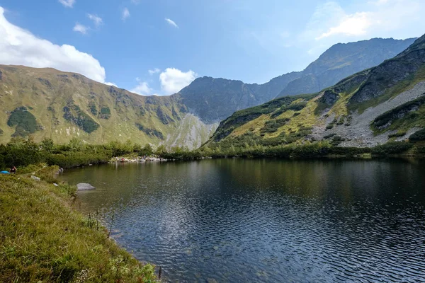 Panoramablick Auf Den Bergsee Spätsommer Den Slowakischen Karpaten Tatra Mit — Stockfoto