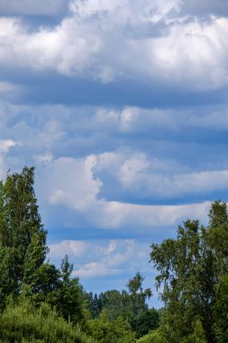 kontrast yağmur fırtına bulutları yeşil çayır ve yaz aylarında bazı ağaçlar üzerinde 