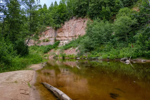 Rotsachtige Stroom Van Rivier Diep Bos Groene Zomerweer Met Zandstenen — Stockfoto