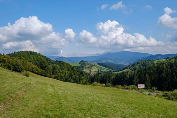 Westelijke Karpaten Tatra Bergen Skyline Met Groene Velden Bossen Voorgrond — Stockfoto