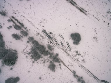 drone görüntü. kırsal alan alanları ve ormanları karlı kış hava görünümünü. kar - dokular vintage eski film bak