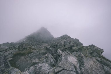 Rysy güzel en yüksek dağ sis kaplı. Sonbahar yokuş üzerinde kayalık yürüyüş parkurları. Slovakya ve Polonya sınırı 