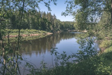 sakin Nehri yakınındaki Cesis, Letonya ağaçlarının yansımaları ile. Gauja Nehri