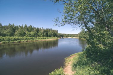 sakin Nehri ile parlak yeşil yeşillik suda ağaçlarda Cesis, Letonya yakınındaki ormanda yansımalar yaz aylarında. Akşam güneşi ile kumtaşı kayalıklarla - vintage eski film bakmak içinde nehir, Gauja