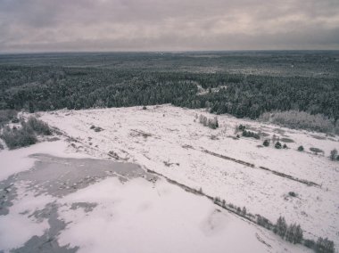 drone görüntü. kırsal alan alanları ve ormanları karlı kış hava görünümünü. kar - dokular vintage eski film bak