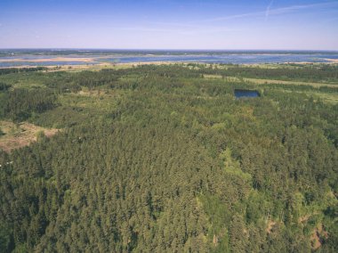 drone görüntü. alanları ve ormanları ve bulutlu bahar günü nehir su yansımalar kırsal alan hava görünümünü. Letonya - vintage eski film bakmak