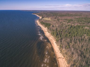 drone görüntü. kırsal alan kayalık plaj Baltık Denizi ile hava görünümünü. sakin gün - vintage eski film bakmak uzak ufuk