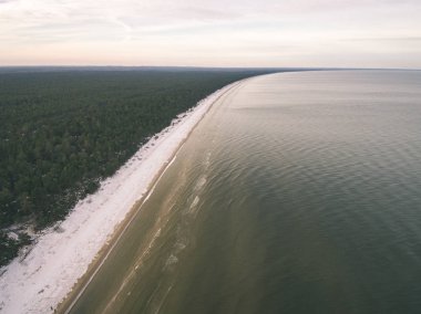 drone görüntü. alanları ve bulutlu kış günü ormanlarda kırsal alan hava görünümünü. Letonya - vintage eski film bakmak