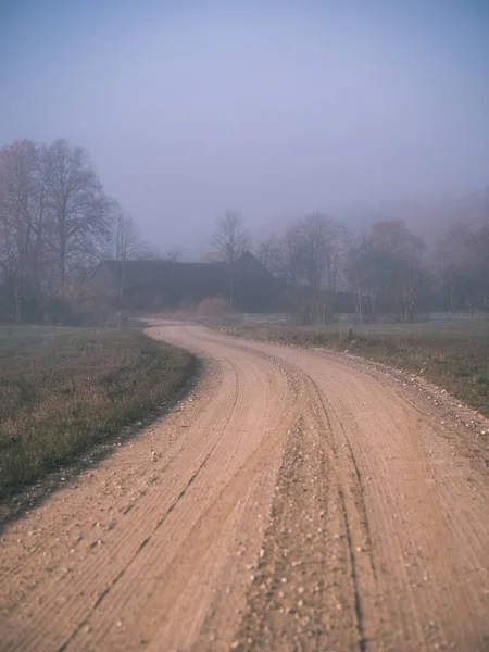 審美的に国砂利道で紅葉の秋霧の色と霧木両側 ヴィンテージの古い映画に見る感覚や心を喜ばせる — ストック写真