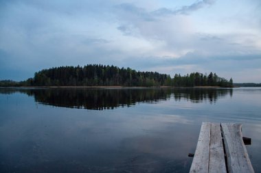su yeşil yaz orman çevresinde göl ile ahşap ve kompozit malzeme ayak köprüden